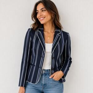 JCP Navy Blue Striped Blazer Jacket White Trim Sz M